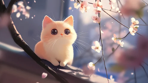 Soft-lit kitten beneath luminous spring cherry blossoms.