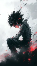 Brooding anime boy amid smoke, ash, and red energy shards.