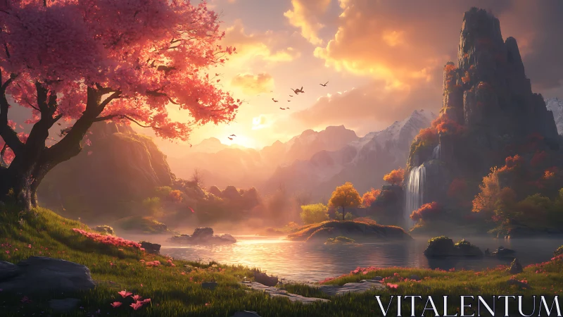 Romantic sunset valley with sakura tree and waterfalls panorama.