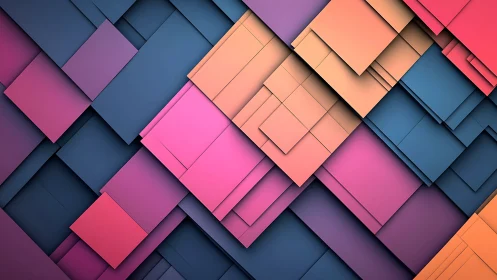 Layered geometric squares in bold pink, blue, and orange