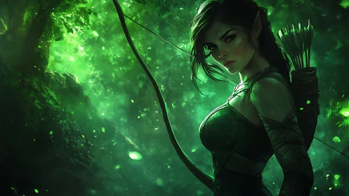Elven archer rendered in high-contrast green volumetric forest light