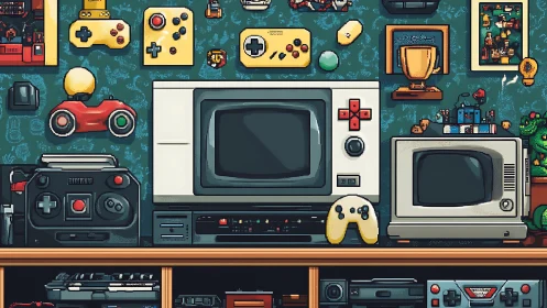 Retro gaming hardware and controllers wall display scene.