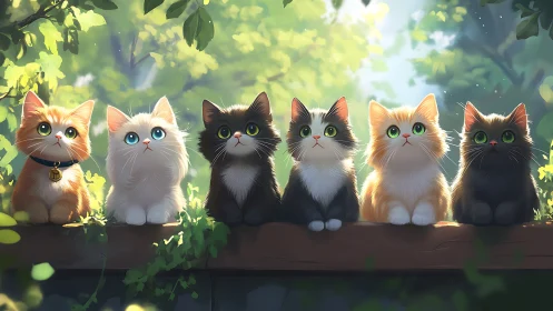 Six Digitally Rendered Cats Perched on Wooden Beam in Dappled Forest Setting