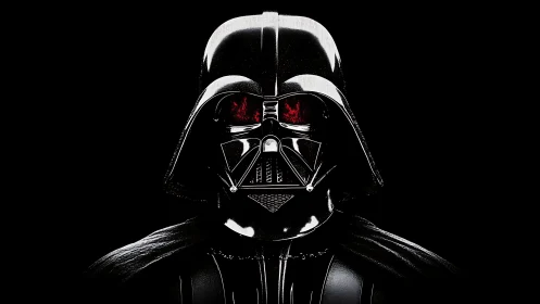 Dark armored mask portrait gleams against pure black void