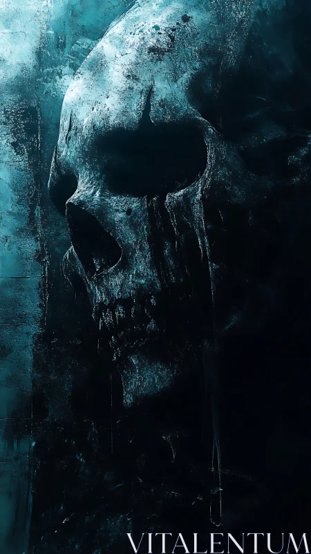Eroded cyan skull silhouette in high-contrast spectral gloom.