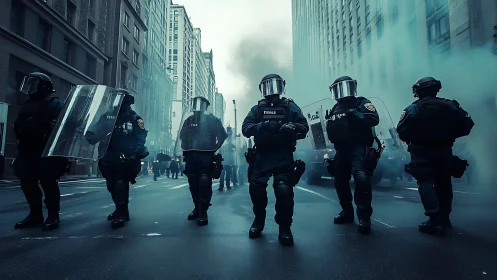 Riot police line in foggy high rise urban street corridor.