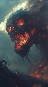 Colossal flaming skull entity emerges from storm-torn clouds