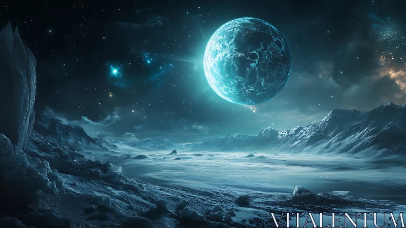 Digital painting of frozen exoplanet under luminous blue moon.