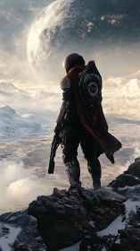 Lone armored space explorer overlooking frozen alien valley.