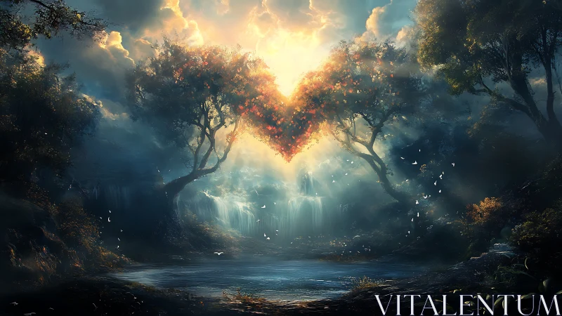 Illuminated Forest Canopy with Cascading Waterfall and Luminescent Heart Formation