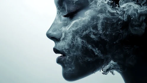 Dreamlike side profile blends softly with swirling smoke shapes