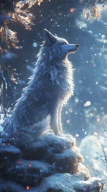 Luminous white wolf on snowy cliff in backlit winter forest
