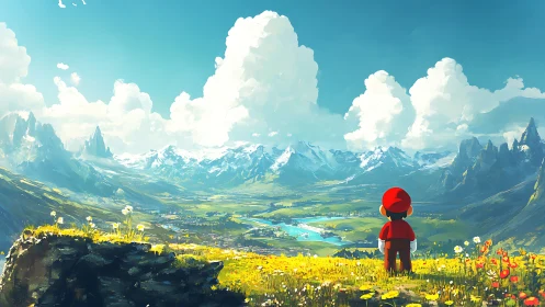 Brave little explorer gazing over a bright mountain valley.