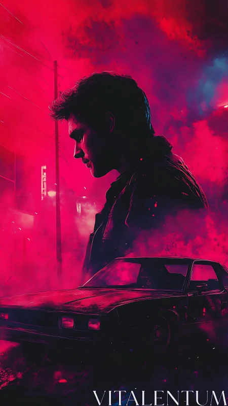 Neon noir driver in moody city haze at night street scene.