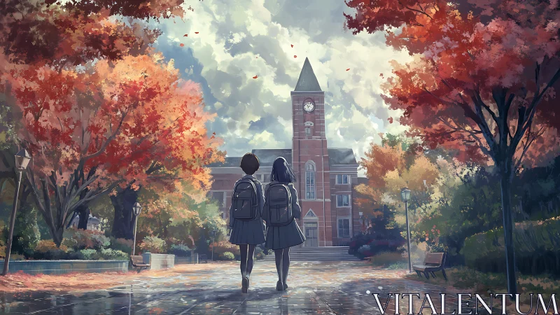 Students walking toward brick clocktower in autumn campus.