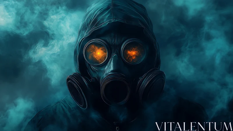 Gas-masked figure with fiery eyes emerges from toxic fog.