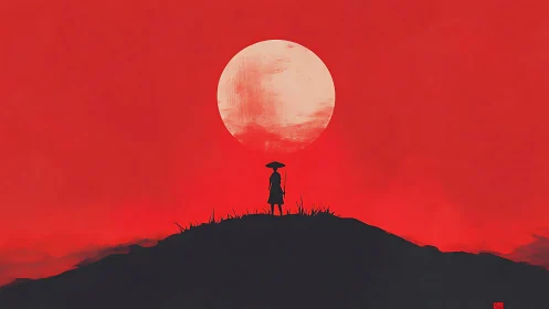 Lone wanderer crowns a crimson hill beneath painted moon.