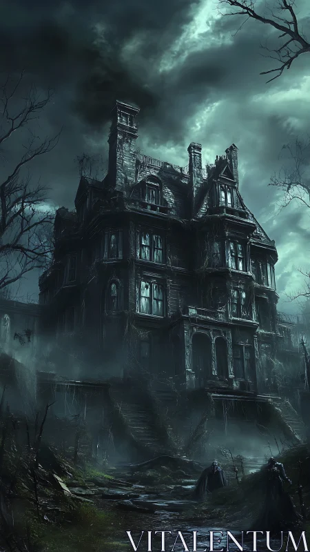 Dilapidated multistory mansion in dark stormy landscape.