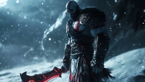 Armored warrior with blazing blade in frozen battlefield.