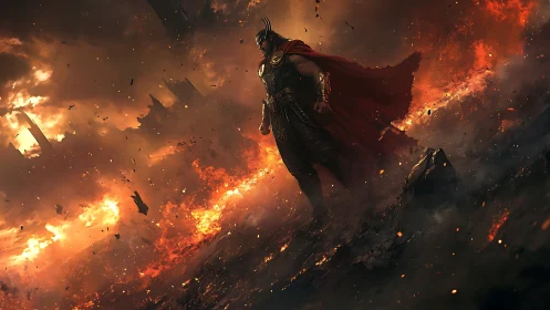 Storm-clad warrior walking through rivers of molten dusk.