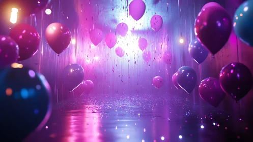 Neon-lit interior space with suspended balloons and scattered light reflections.