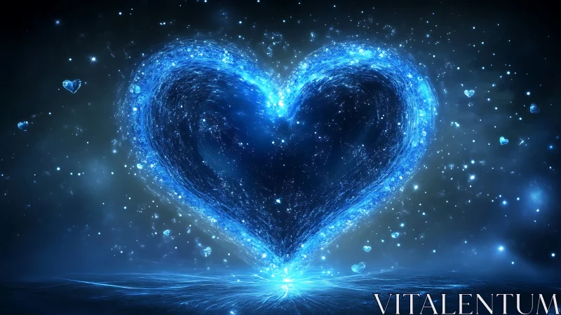 Digital heart form with blue luminescent particles on dark background.
