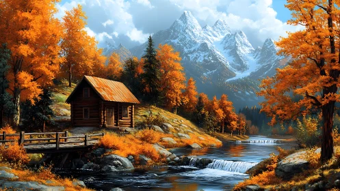 Log cabin by autumn river below snowy mountain peaks.
