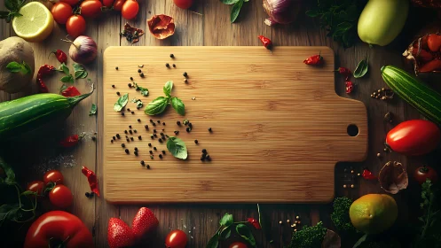 Inviting wooden board surrounded by colorful fresh veggies.