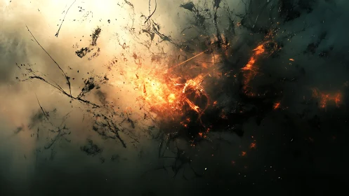 Abstract fiery explosion in dark smoke, digital art style.