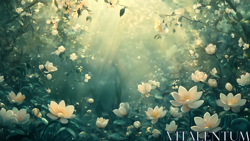 Lush forest garden with glowing white blossoms and light.