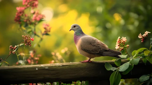 Vibrant pigeon perched on rustic fence in dreamy floral garden.