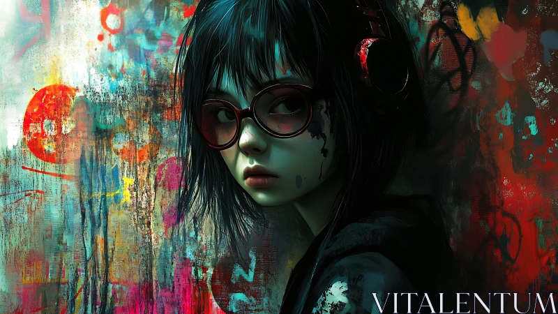 Moody graffiti girl listens deeply in a neon painted city dream