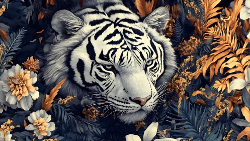 Digital painting of white tiger in gilded botanical foliage.