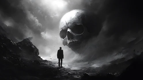Solitary figure confronts colossal skull in monochrome void