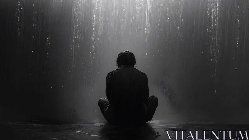 Solitary human silhouette seated under vertical downpour