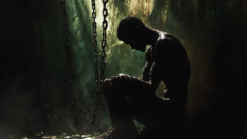 Quiet silhouette in chains bathed in dim golden light.