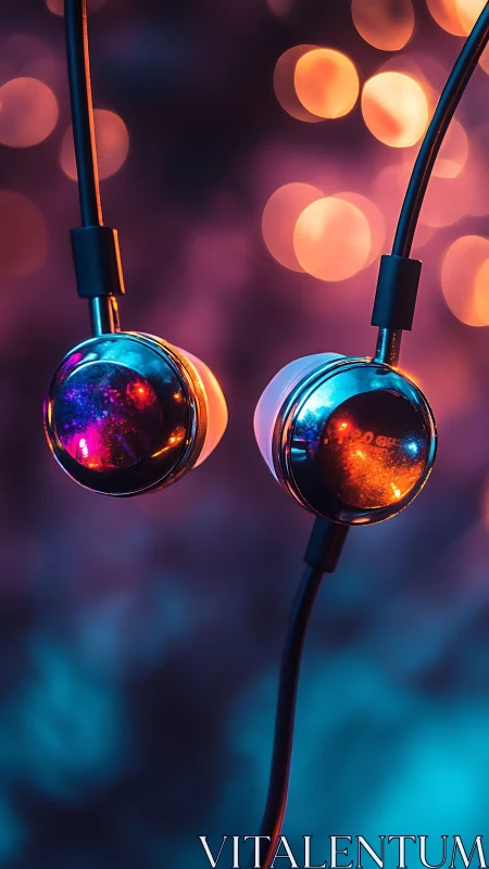 Colorful wired earbuds glow against dreamy bokeh lights.