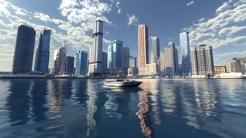 Modern harbor skyline glows above calm reflective water at dusk.
