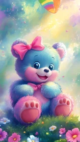 Pastel teddy bear smiles under rainbow sky in meadow.