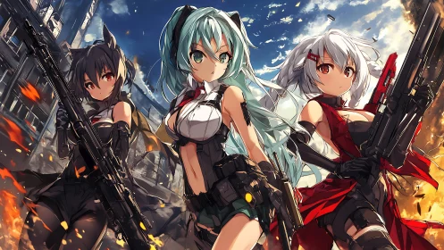 Anime tactical heroines in dynamic postwar urban battlefield composition.