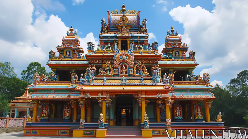 Polychromatic Dravidian gopuram facade in frontal elevation.