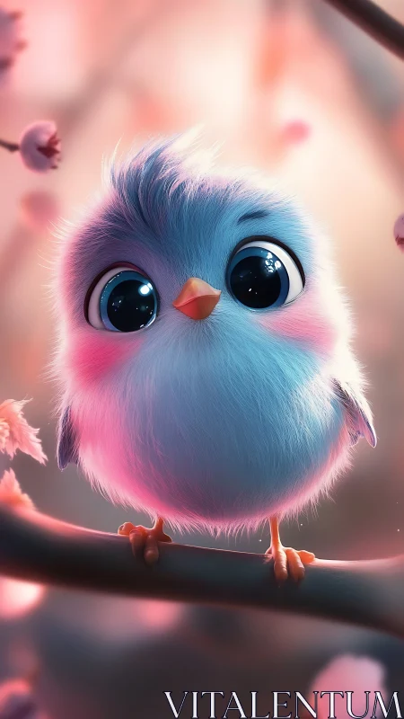 Fluffy blue songbird glowing softly in pink spring light.