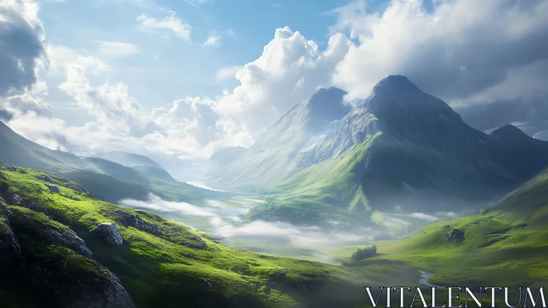 Sunlit green mountains rise through drifting valley mist.