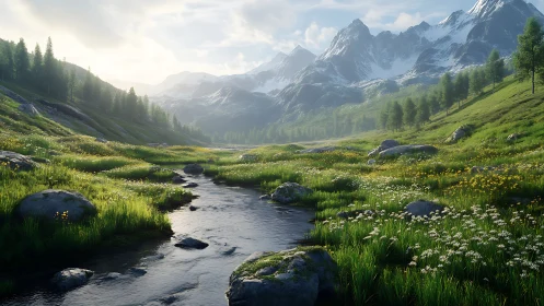 Mountain valley stream flows through grassy, flowered terrain