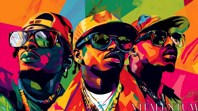 Three stylized male figures in multicolored geometric portrait.