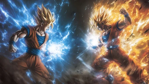 Opposed energy-charged fighters confront in mirrored stances