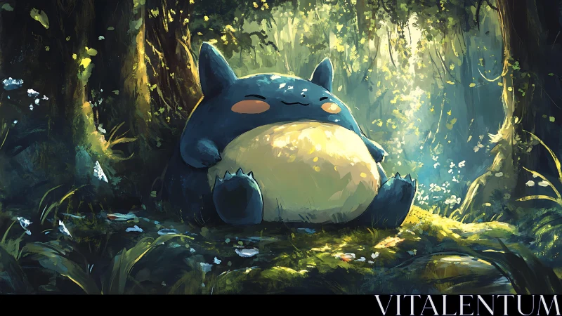 Blue creature resting in sunlit forest clearing environment.