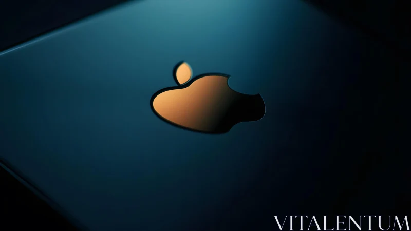 Sleek close-up of Apple logo on dark reflective surface, modern style.