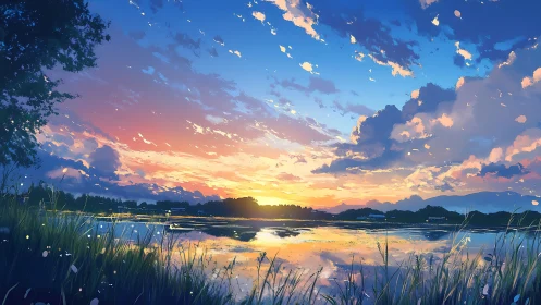 Sunset sky over reflective lake with grass foreground.