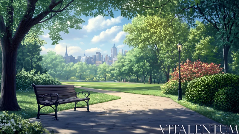 Sunlit city park path with empty bench and skyline beyond.
